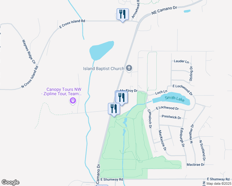 map of restaurants, bars, coffee shops, grocery stores, and more near 393 Northeast Camano Drive in Camano