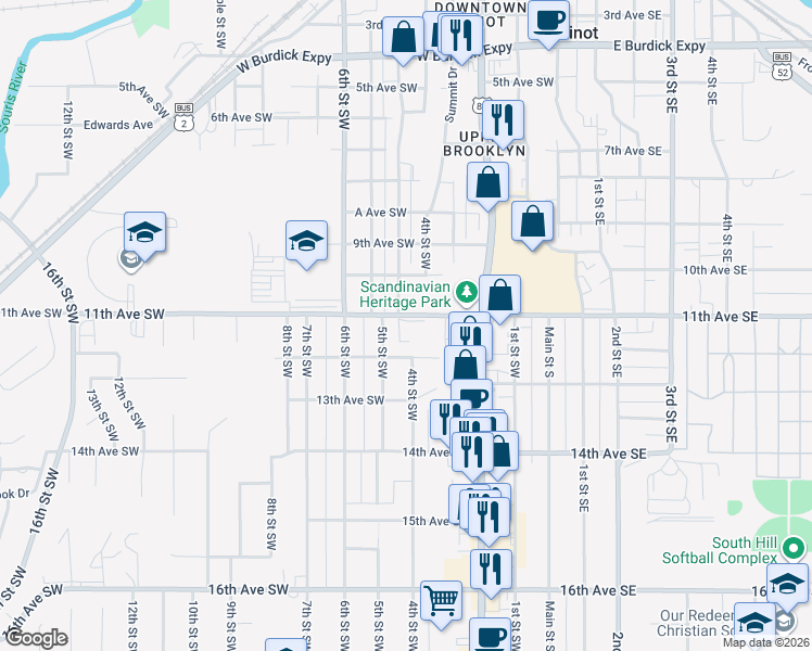 map of restaurants, bars, coffee shops, grocery stores, and more near 1107 5th Street Southwest in Minot