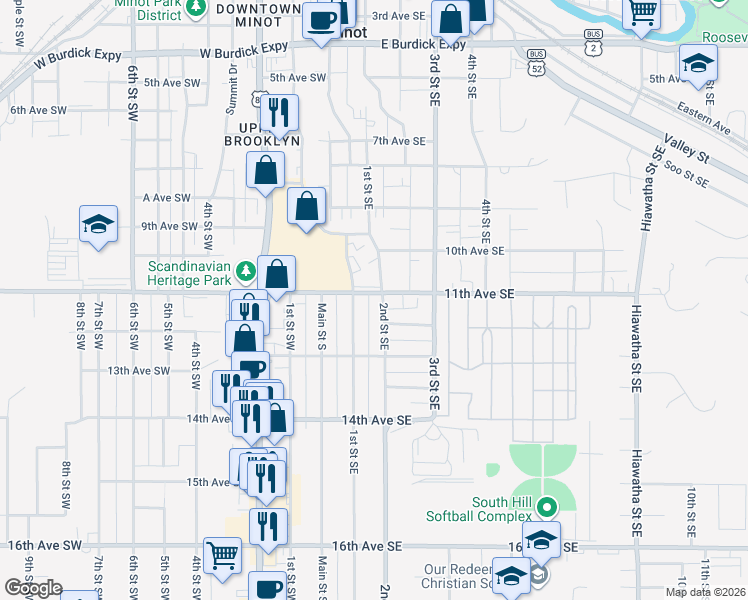 map of restaurants, bars, coffee shops, grocery stores, and more near in Minot