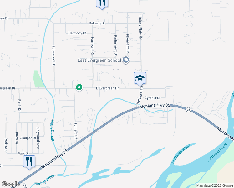 map of restaurants, bars, coffee shops, grocery stores, and more near 528 East Evergreen Drive in Kalispell