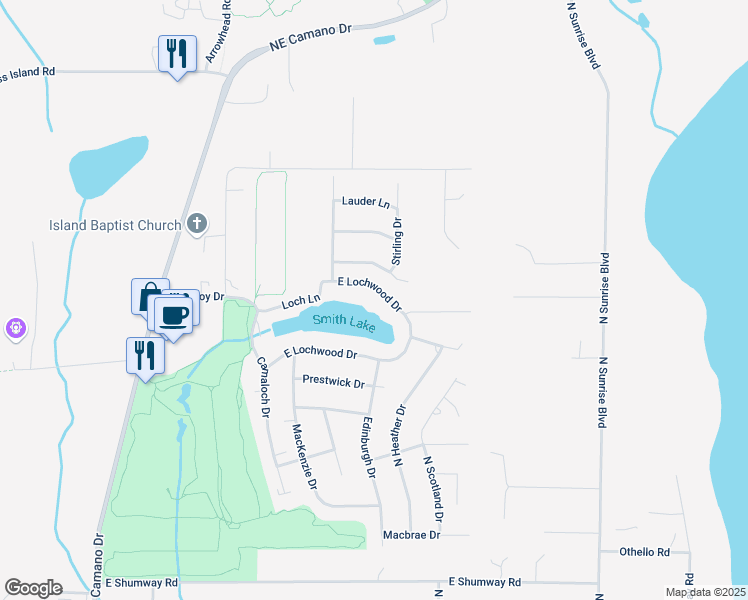 map of restaurants, bars, coffee shops, grocery stores, and more near 403 East Lochwood Drive in Camano