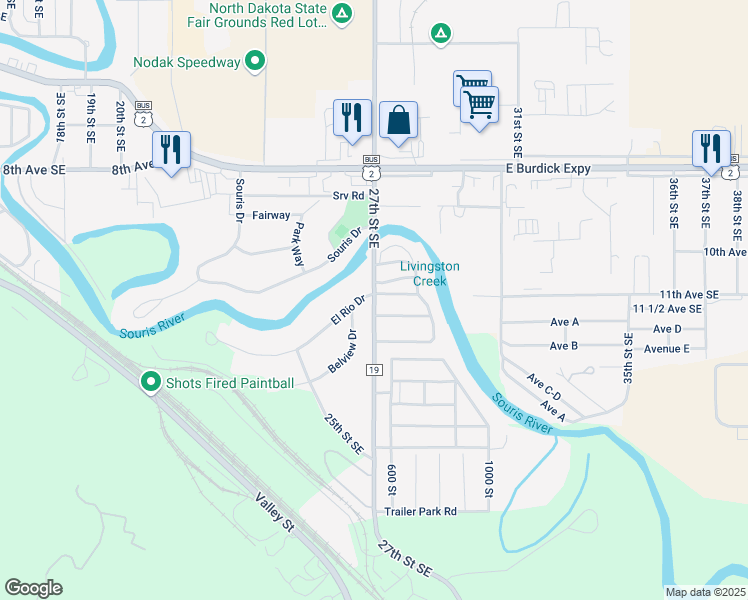 map of restaurants, bars, coffee shops, grocery stores, and more near 1108 27th Street Southeast in Minot