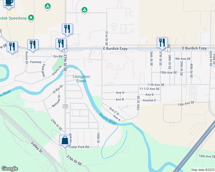 map of restaurants, bars, coffee shops, grocery stores, and more near a3 Avenue A in Minot