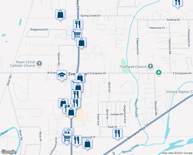 map of restaurants, bars, coffee shops, grocery stores, and more near 186 Park Avenue in Kalispell