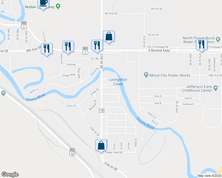 map of restaurants, bars, coffee shops, grocery stores, and more near 53 El Rio Drive in Minot