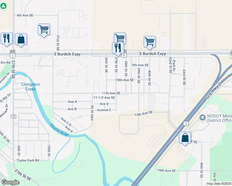 map of restaurants, bars, coffee shops, grocery stores, and more near 1111 37th Street Southeast in Minot