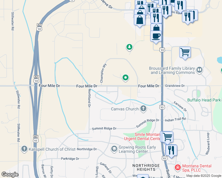 map of restaurants, bars, coffee shops, grocery stores, and more near 195 Meadow Vista Loop in Kalispell