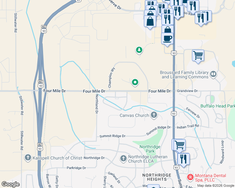 map of restaurants, bars, coffee shops, grocery stores, and more near 195 Meadow Vista Loop in Kalispell