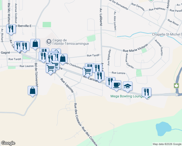map of restaurants, bars, coffee shops, grocery stores, and more near 932 Rue Charbonneau in Rouyn-Noranda