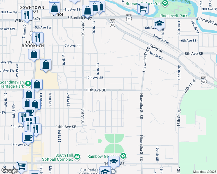 map of restaurants, bars, coffee shops, grocery stores, and more near 512 10th Avenue Southeast in Minot