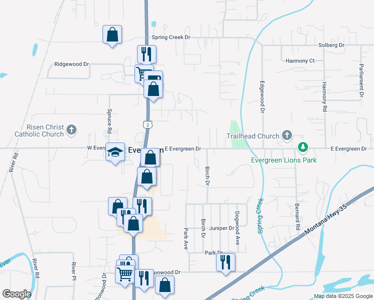 map of restaurants, bars, coffee shops, grocery stores, and more near 121 East Evergreen Drive in Kalispell