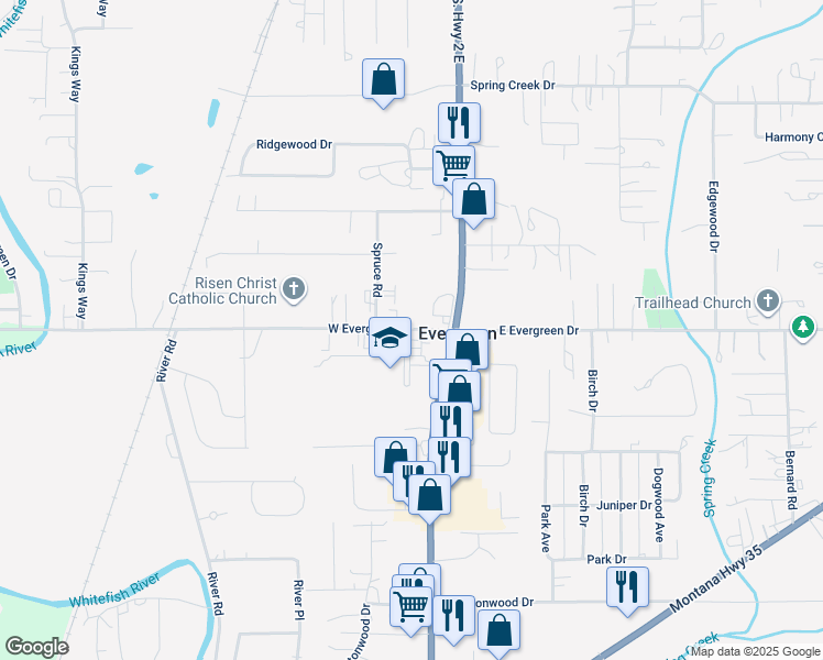 map of restaurants, bars, coffee shops, grocery stores, and more near 18 West Evergreen Drive in Kalispell