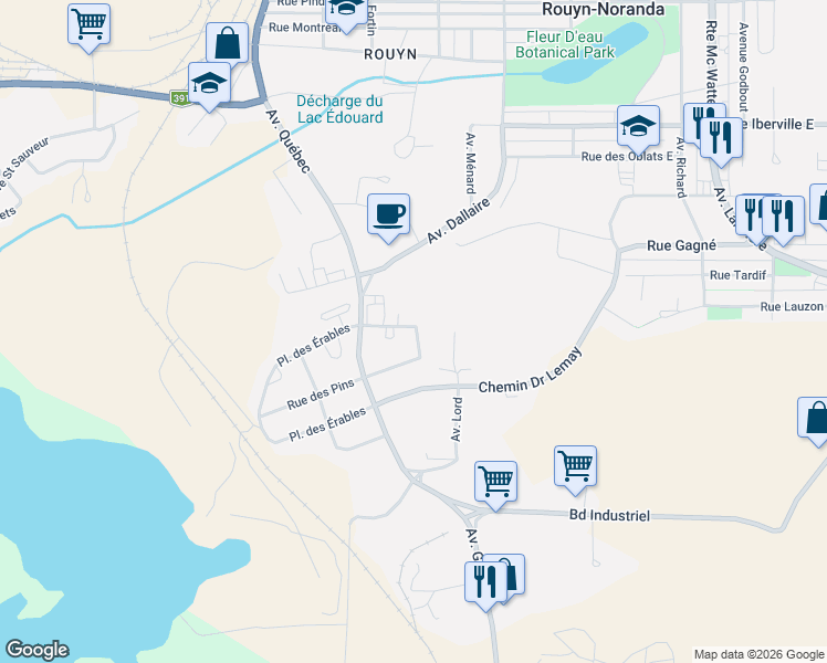 map of restaurants, bars, coffee shops, grocery stores, and more near 279 Place Tourigny in Rouyn-Noranda