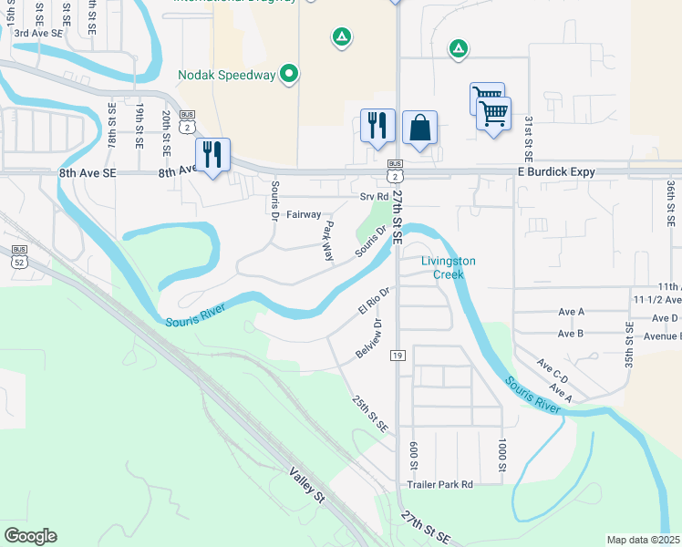 map of restaurants, bars, coffee shops, grocery stores, and more near 232 Souris Drive in Minot