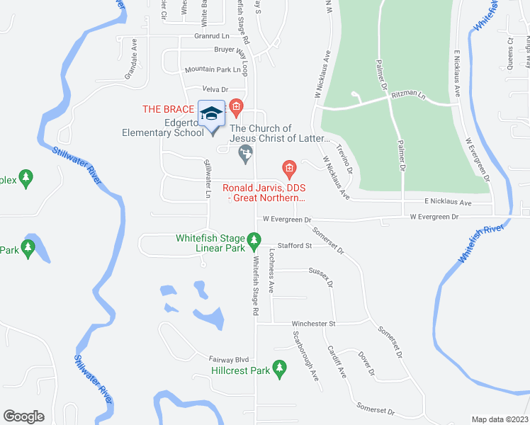 map of restaurants, bars, coffee shops, grocery stores, and more near 46 Village Loop in Kalispell