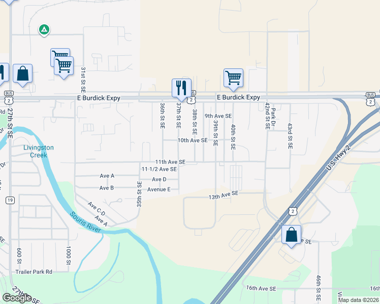 map of restaurants, bars, coffee shops, grocery stores, and more near 3716 10th Avenue Southeast in Minot