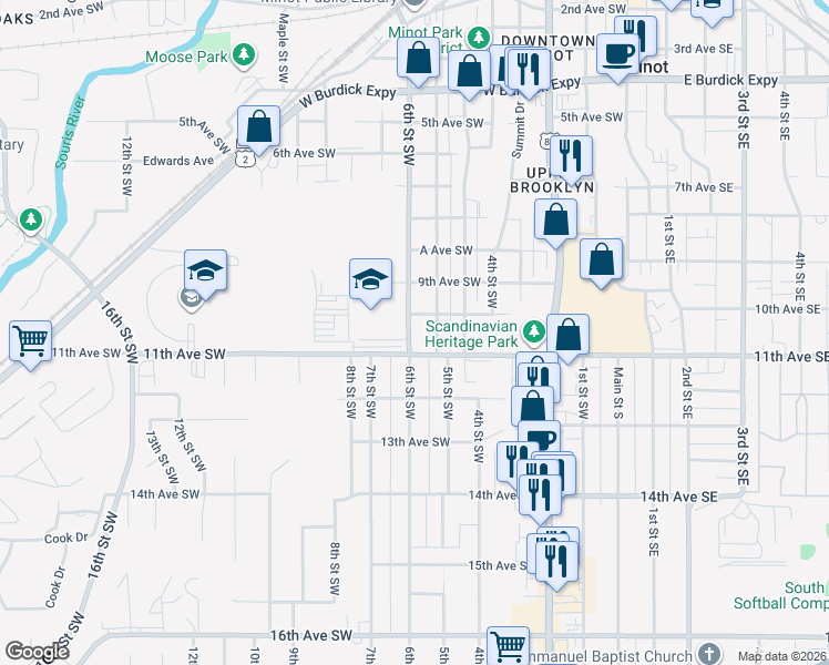 map of restaurants, bars, coffee shops, grocery stores, and more near 1001 6th Street Southwest in Minot