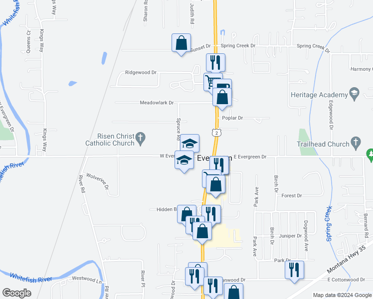 map of restaurants, bars, coffee shops, grocery stores, and more near 21 West Evergreen Drive in Kalispell