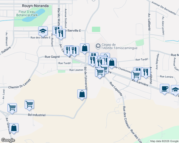 map of restaurants, bars, coffee shops, grocery stores, and more near 358 Rue Lauzon in Rouyn-Noranda