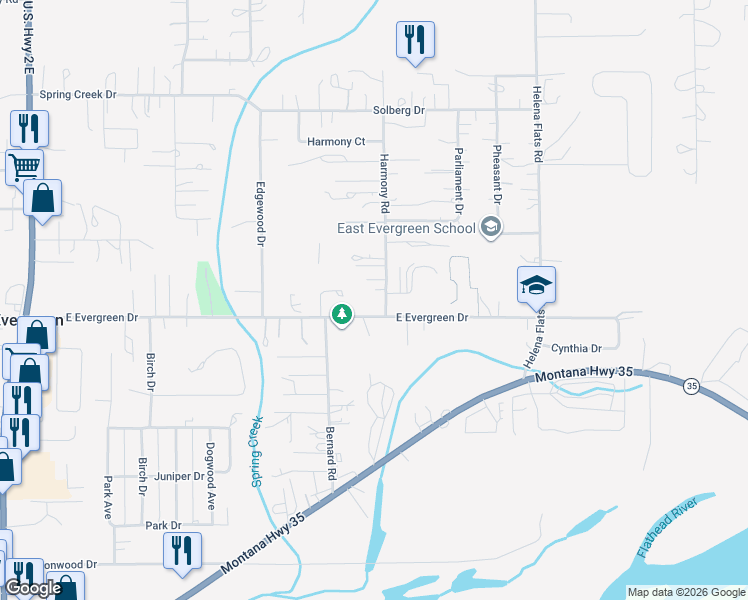 map of restaurants, bars, coffee shops, grocery stores, and more near 204 Harmony Road in Kalispell