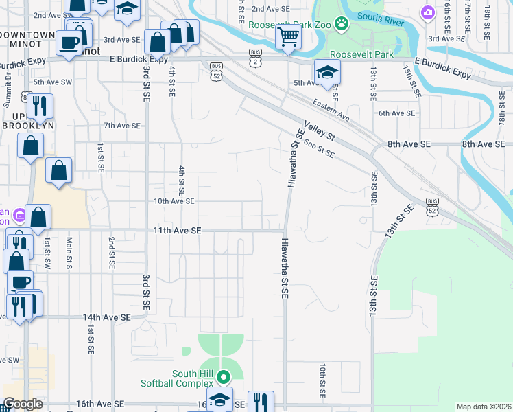 map of restaurants, bars, coffee shops, grocery stores, and more near 718 10th Avenue Southeast in Minot