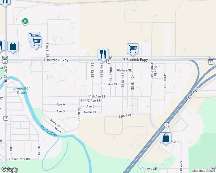 map of restaurants, bars, coffee shops, grocery stores, and more near 3716 10th Avenue Southeast in Minot