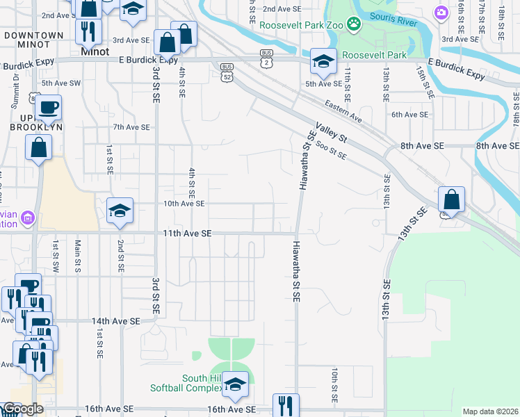 map of restaurants, bars, coffee shops, grocery stores, and more near 718 10th Avenue Southeast in Minot
