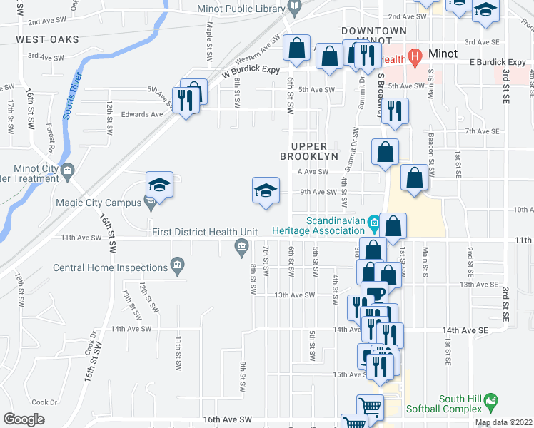 map of restaurants, bars, coffee shops, grocery stores, and more near 1000 6th Street Southwest in Minot