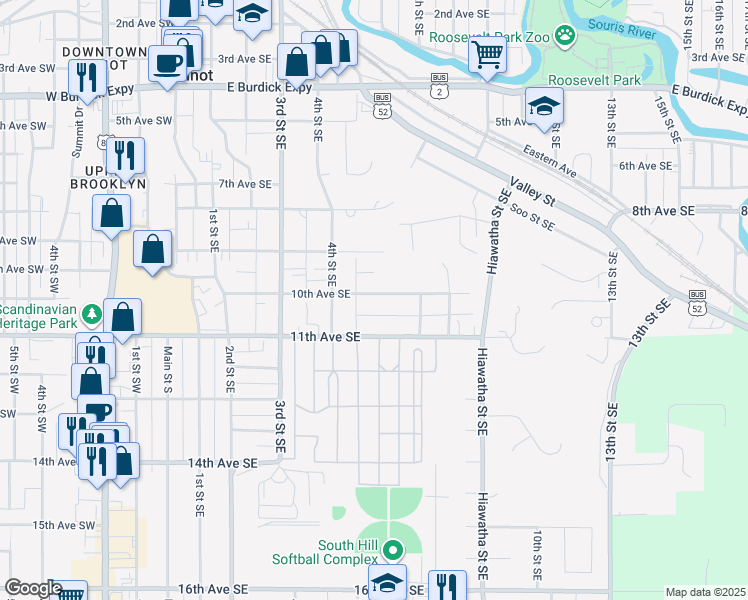 map of restaurants, bars, coffee shops, grocery stores, and more near 512 10th Avenue Southeast in Minot