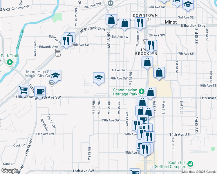 map of restaurants, bars, coffee shops, grocery stores, and more near 1000 6th Street Southwest in Minot