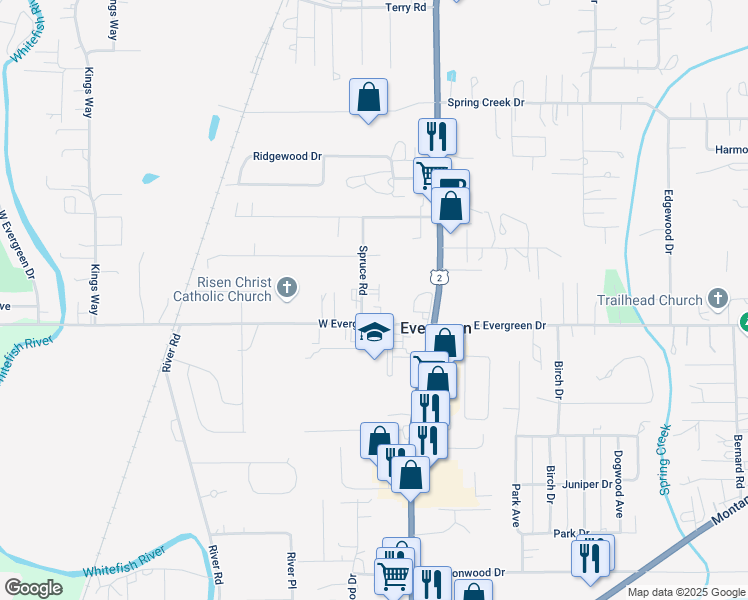 map of restaurants, bars, coffee shops, grocery stores, and more near 213 Spruce Road in Kalispell