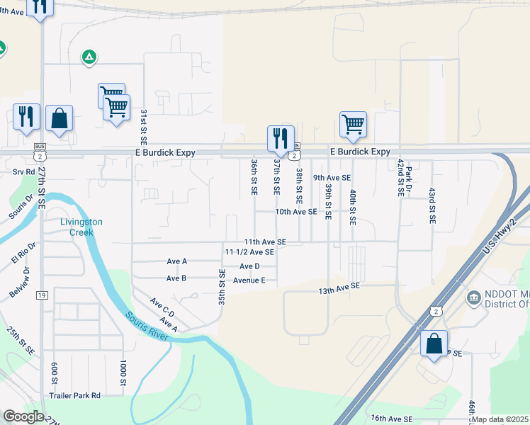 map of restaurants, bars, coffee shops, grocery stores, and more near 10th Avenue in Minot