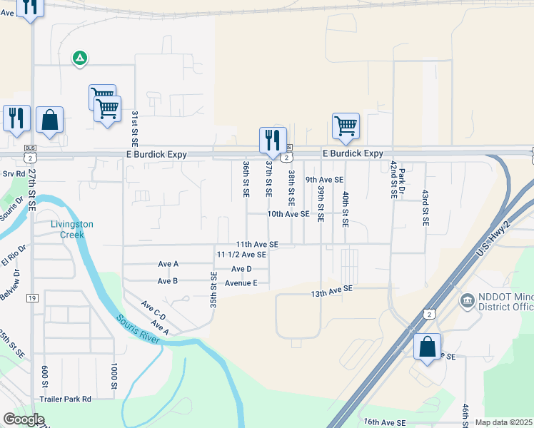 map of restaurants, bars, coffee shops, grocery stores, and more near 10th Avenue in Minot