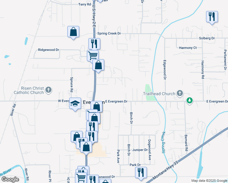 map of restaurants, bars, coffee shops, grocery stores, and more near 121 East Evergreen Drive in Kalispell