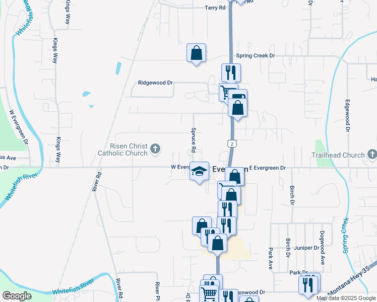map of restaurants, bars, coffee shops, grocery stores, and more near 214 Spruce Road in Kalispell