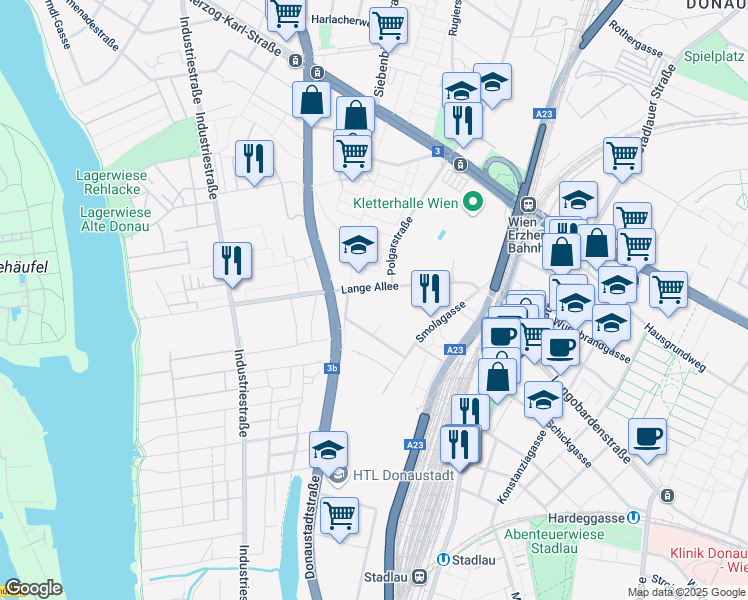 map of restaurants, bars, coffee shops, grocery stores, and more near 24 Lange Allee in Wien