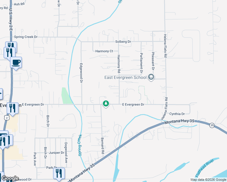 map of restaurants, bars, coffee shops, grocery stores, and more near 204 Harmony Rd in Kalispell