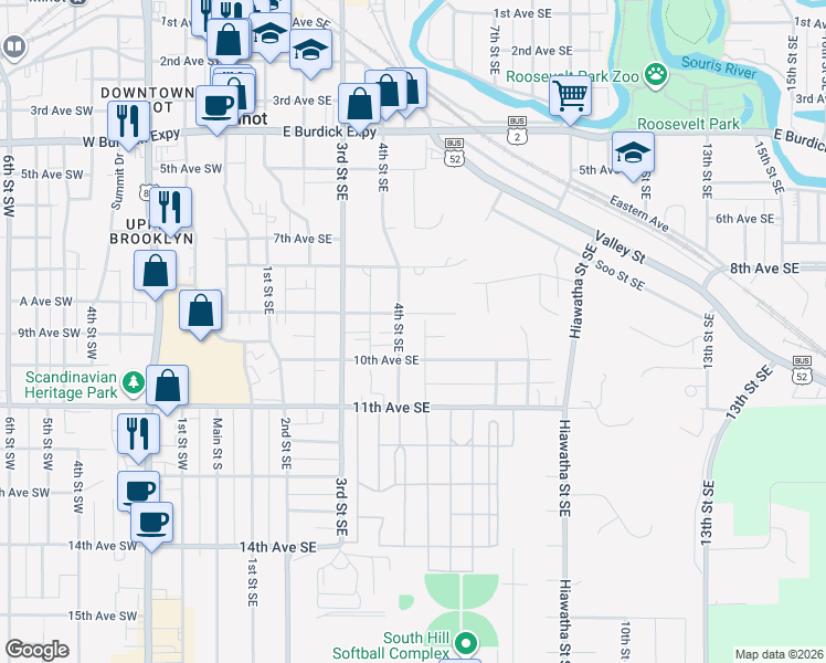 map of restaurants, bars, coffee shops, grocery stores, and more near 825 4th Street Southeast in Minot
