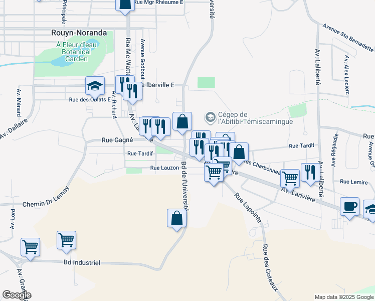 map of restaurants, bars, coffee shops, grocery stores, and more near 337 Rue Tardif Est in Rouyn-Noranda