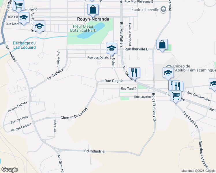 map of restaurants, bars, coffee shops, grocery stores, and more near 111 Rue Tardif Est in Rouyn-Noranda