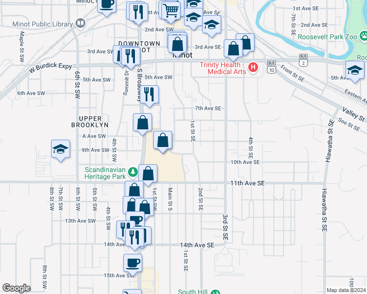 map of restaurants, bars, coffee shops, grocery stores, and more near 826 1st Street Southwest in Minot