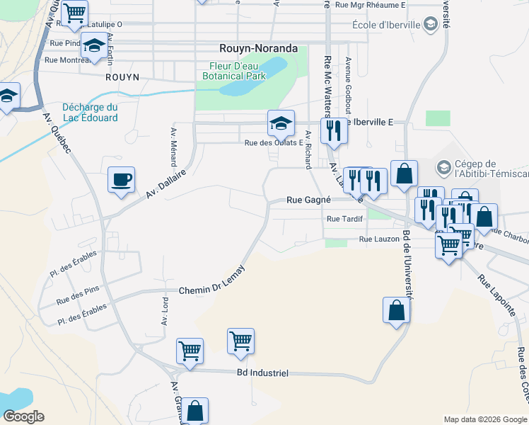 map of restaurants, bars, coffee shops, grocery stores, and more near 31 Rue Desjarlais in Rouyn-Noranda