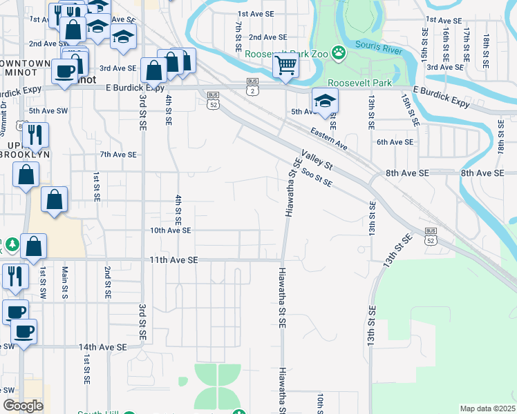 map of restaurants, bars, coffee shops, grocery stores, and more near 901 8th Street Southeast in Minot