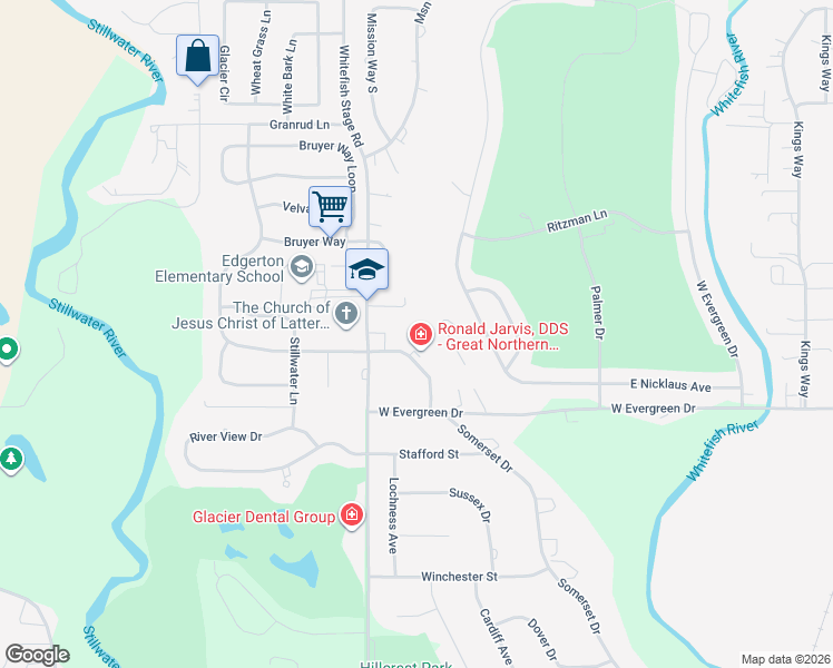 map of restaurants, bars, coffee shops, grocery stores, and more near 16-84 Village Loop in Kalispell