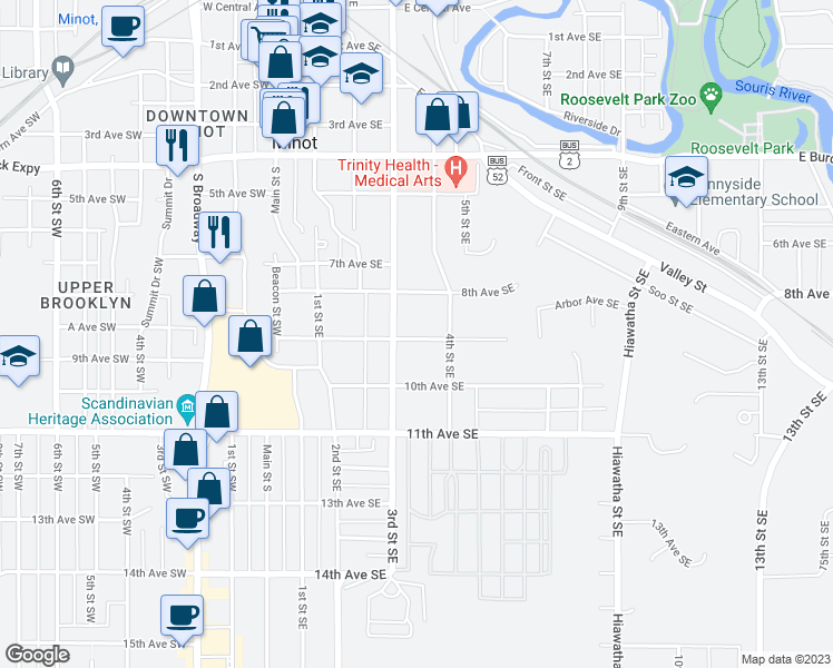 map of restaurants, bars, coffee shops, grocery stores, and more near 315 9th Avenue Southeast in Minot