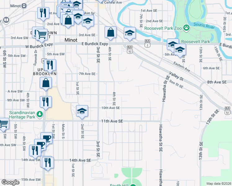map of restaurants, bars, coffee shops, grocery stores, and more near 825 4th Street Southeast in Minot