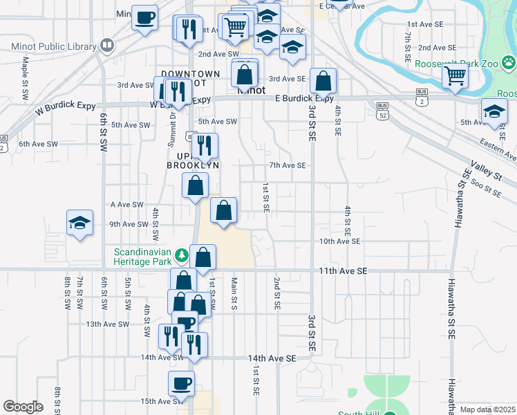 map of restaurants, bars, coffee shops, grocery stores, and more near 826 1st Street Southwest in Minot