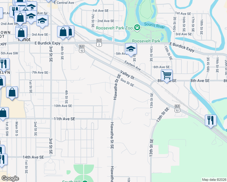 map of restaurants, bars, coffee shops, grocery stores, and more near 816 Hiawatha Street in Minot