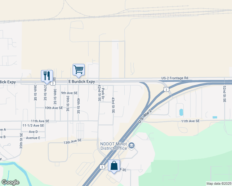 map of restaurants, bars, coffee shops, grocery stores, and more near 825 43rd Street Southeast in Minot