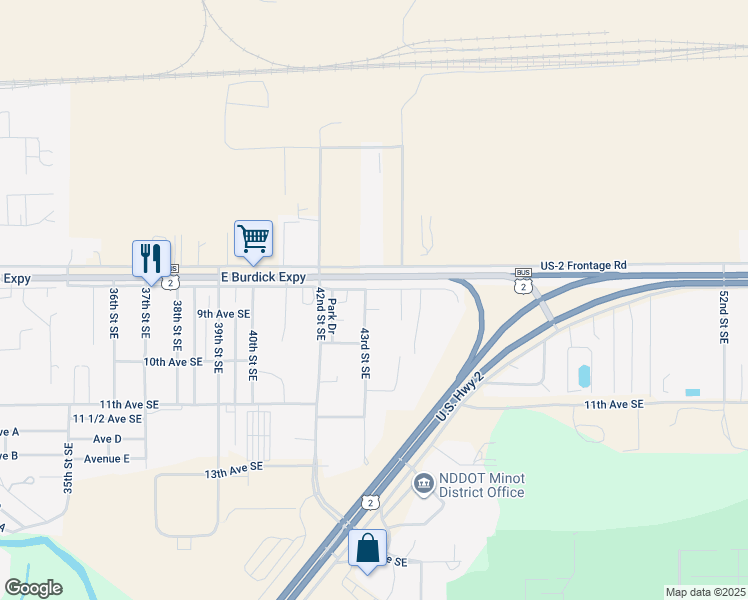 map of restaurants, bars, coffee shops, grocery stores, and more near 825 43rd Street Southeast in Minot